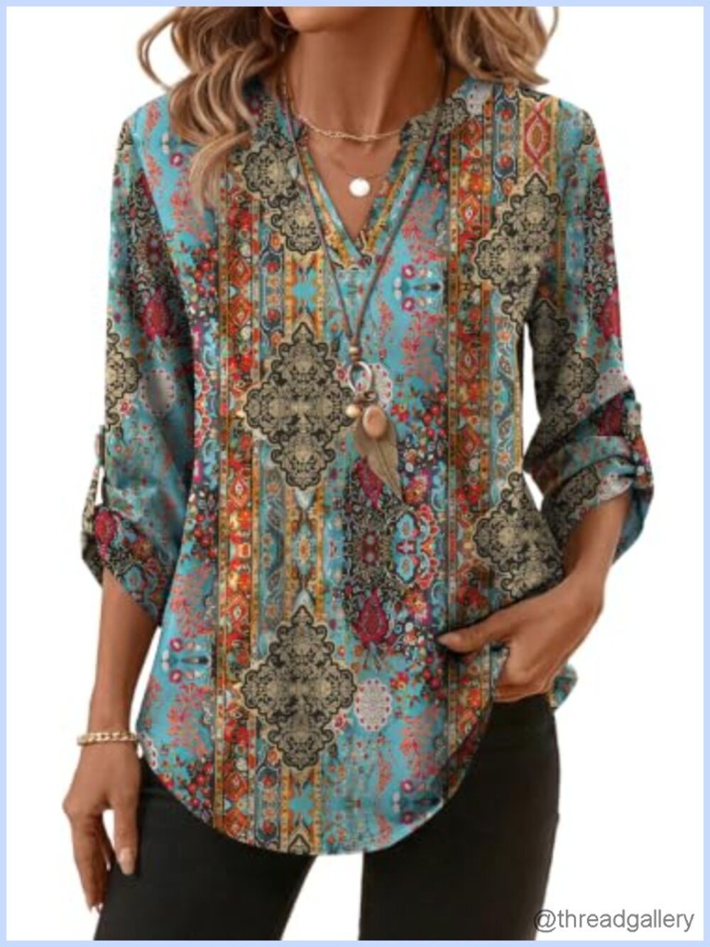 XIEERDUO 3/4 Sleeve V Neck Button Blouse Business Casual Loose Fit Tunic Top